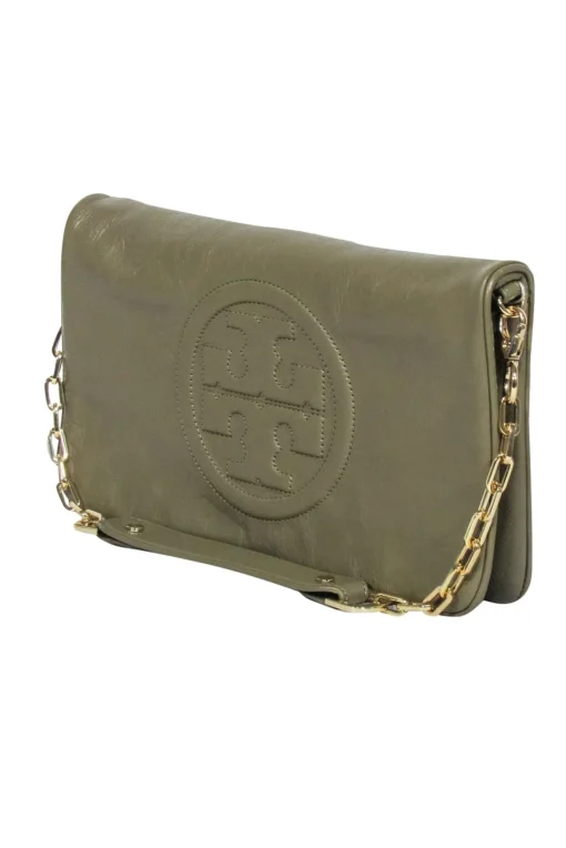 Tory Burch - Olive Green Fold-Over Leather "Reva" Clutch