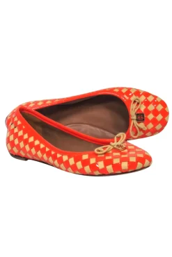 Tory Burch - Orange & Beige Patent Leather & Woven Checkered Flats w/ Logo Sz 8