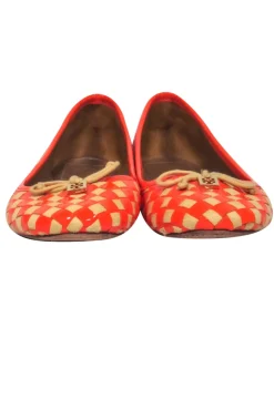 Tory Burch - Orange & Beige Patent Leather & Woven Checkered Flats w/ Logo Sz 8