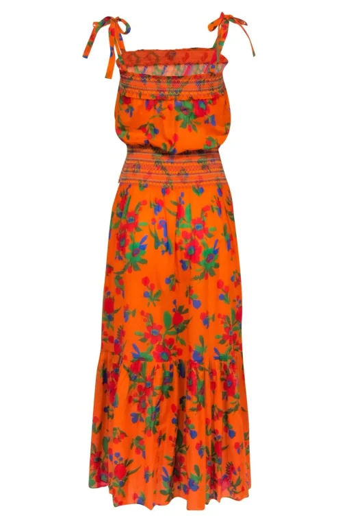 Tory Burch - Orange & Multi Color Smocked Waist Sleeveless Maxi Dress Sz S
