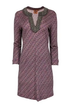 Tory Burch - Pink, Purple, & White Floral Print Dress w/  Beaded Trim Sz M