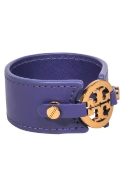 Tory Burch - Purple Leather Cuff w/ Gold Logo Bracelet