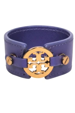 Tory Burch - Purple Leather Cuff w/ Gold Logo Bracelet
