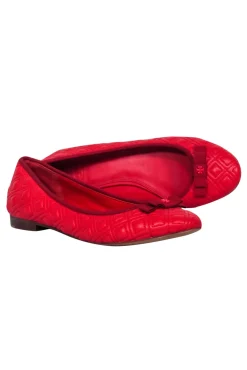 Tory Burch - Red Quilted Leather Ballet Flats w/ Logo Embellished Bow Sz 7.5