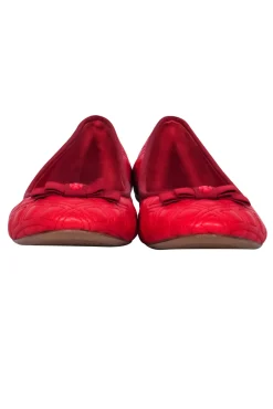 Tory Burch - Red Quilted Leather Ballet Flats w/ Logo Embellished Bow Sz 7.5