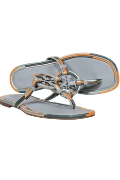 Tory Burch - Sage & Orange Trim Leather Logo Thong Flip-Flops Sz 8
