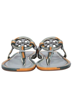 Tory Burch - Sage & Orange Trim Leather Logo Thong Flip-Flops Sz 8