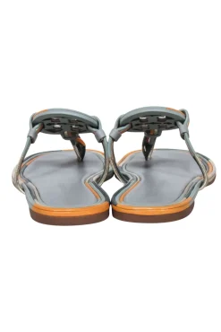 Tory Burch - Sage & Orange Trim Leather Logo Thong Flip-Flops Sz 8