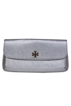 Tory Burch - Silver Textured Leather Clasped Clutch