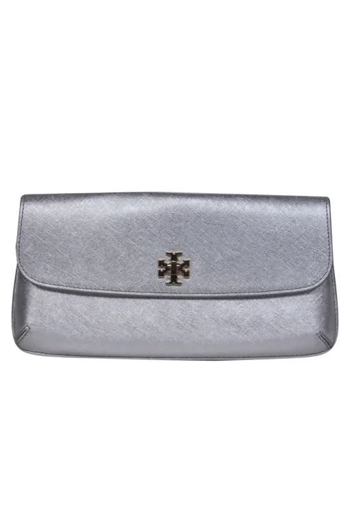 Tory Burch - Silver Textured Leather Clasped Clutch