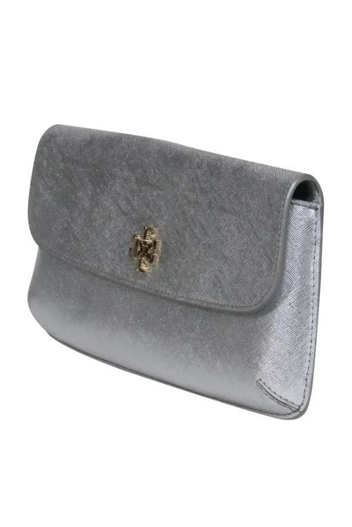 Tory Burch - Silver Textured Leather Clasped Clutch