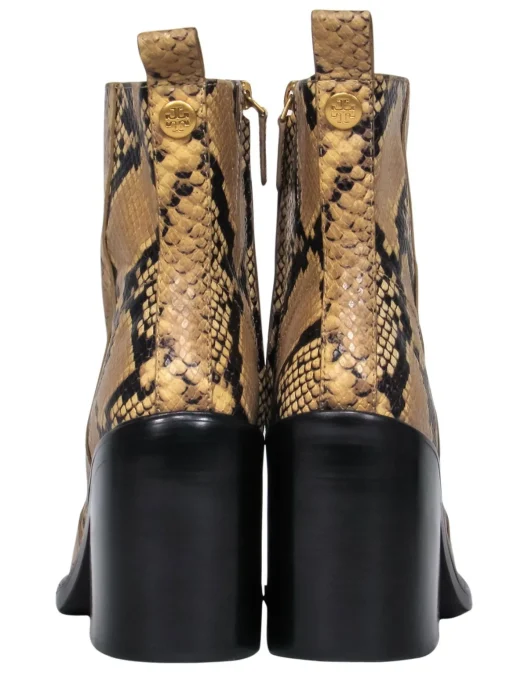 Tory Burch - Tan & Black Snakeskin Embossed Mid-Calf Heeled Booties Sz 9.5