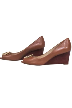 Tory Burch - Tan Leather Logo Peep Toe Wedge Sz 8