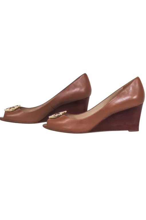Tory Burch - Tan Leather Logo Peep Toe Wedge Sz 8
