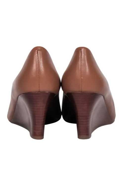 Tory Burch - Tan Leather Logo Peep Toe Wedge Sz 8