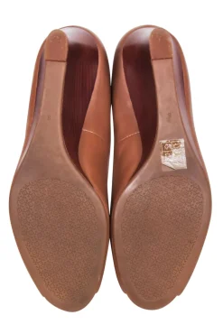 Tory Burch - Tan Leather Logo Peep Toe Wedge Sz 8