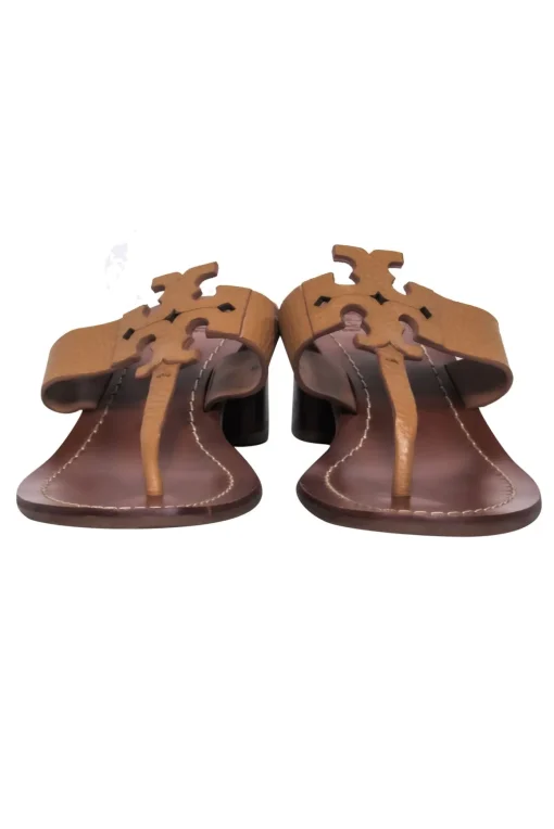 Tory Burch - Tan Logo Thong Leather Sandals w/ Block Heel Sz 7.5