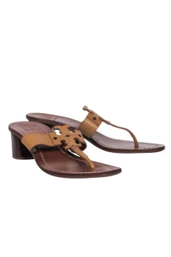 Tory Burch - Tan Logo Thong Leather Sandals w/ Block Heel Sz 7.5