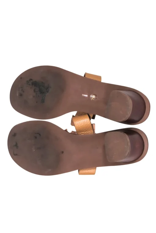 Tory Burch - Tan Logo Thong Leather Sandals w/ Block Heel Sz 7.5
