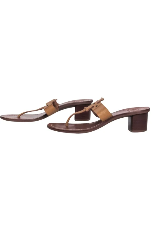 Tory Burch - Tan Logo Thong Leather Sandals w/ Block Heel Sz 7.5