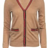 Tory Burch - Tan Merino Wool Cardigan w/ Striped Trim & Logo Buttons Sz XS
