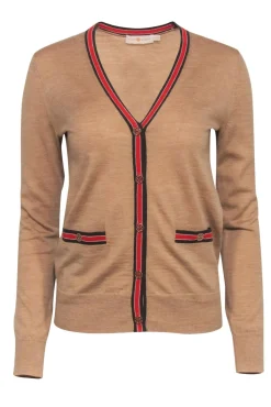 Tory Burch - Tan Merino Wool Cardigan w/ Striped Trim & Logo Buttons Sz XS