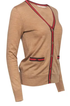 Tory Burch - Tan Merino Wool Cardigan w/ Striped Trim & Logo Buttons Sz XS