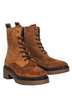 Tory Burch - Tan Suede Lace-Up Combat Boots w/ Embossed Logo Sz 7
