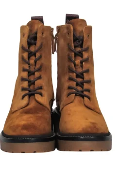 Tory Burch - Tan Suede Lace-Up Combat Boots w/ Embossed Logo Sz 7