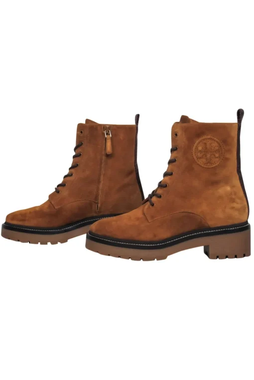 Tory Burch - Tan Suede Lace-Up Combat Boots w/ Embossed Logo Sz 7