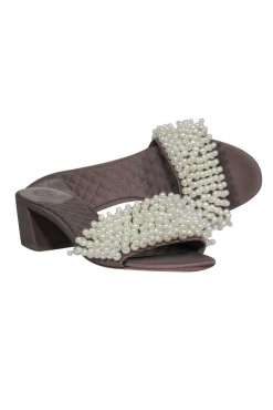 Tory Burch - Taupe Satin & Pearl Beaded Mule Sandals Sz 8.5
