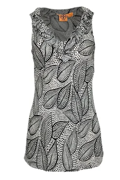 Tory Burch - White & Black Dotted Leaf Print Silk Top Sz 6