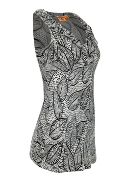 Tory Burch - White & Black Dotted Leaf Print Silk Top Sz 6