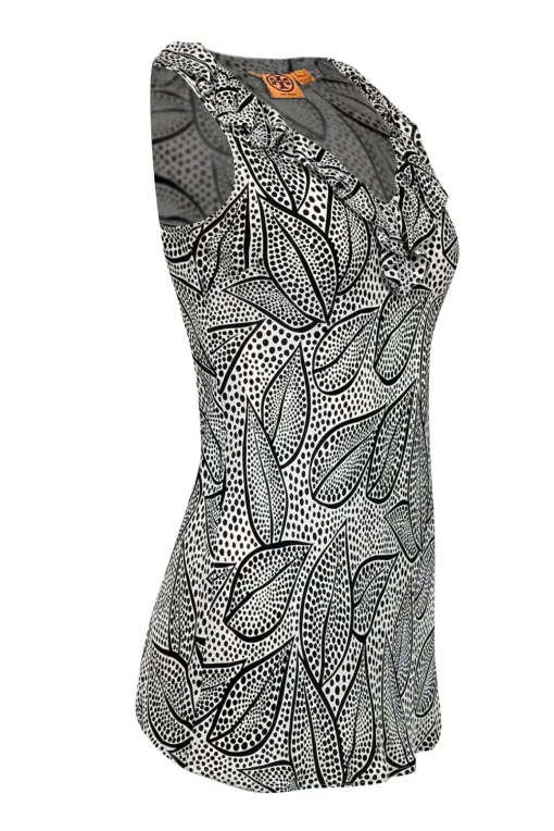 Tory Burch - White & Black Dotted Leaf Print Silk Top Sz 6