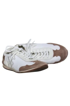 Tory Burch - White & Brown Leather & Suede “Tory” Sneakers w/ Leather Trim & Logo Sz 8