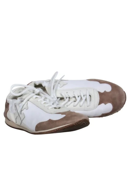 Tory Burch - White & Brown Leather & Suede “Tory” Sneakers w/ Leather Trim & Logo Sz 8