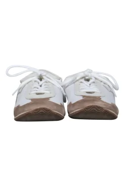 Tory Burch - White & Brown Leather & Suede “Tory” Sneakers w/ Leather Trim & Logo Sz 8