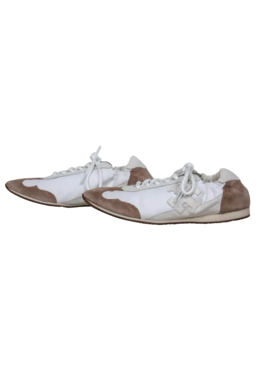 Tory Burch - White & Brown Leather & Suede “Tory” Sneakers w/ Leather Trim & Logo Sz 8