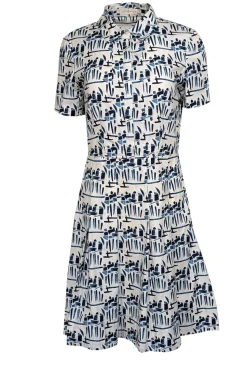 Tory Burch - White w/ Blue Abstract Figurine Print Poplin Dress Sz 6
