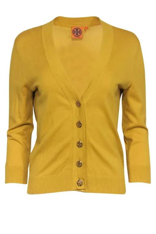 Tory Burch - Yellow Button-Up Cotton Cardigan w/ Logo Buttons Sz M