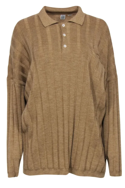 Totême - Golden Tan Ribbed Merino Wool Collared Sweater Top Sz S