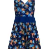 Tracy Reese - Blue & Orange Floral Print Sleeveless A-Line Dress Sz S