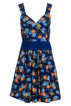Tracy Reese - Blue & Orange Floral Print Sleeveless A-Line Dress Sz S