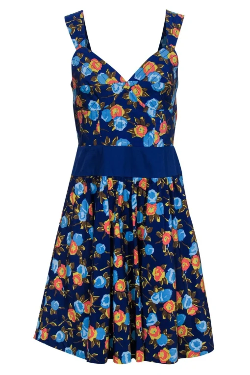Tracy Reese - Blue & Orange Floral Print Sleeveless A-Line Dress Sz S