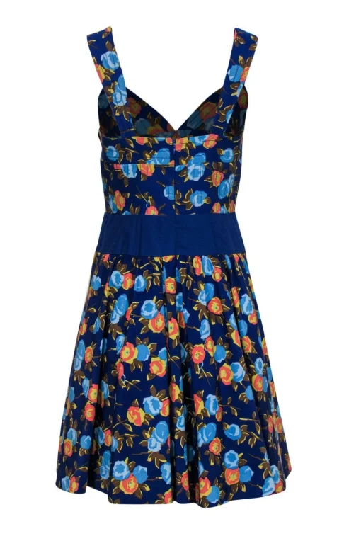 Tracy Reese - Blue & Orange Floral Print Sleeveless A-Line Dress Sz S