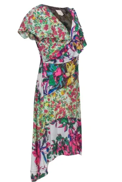 Tracy Reese - Mixed Floral Multicolor Faux Wrap Dress w/ Ruffles Sz M