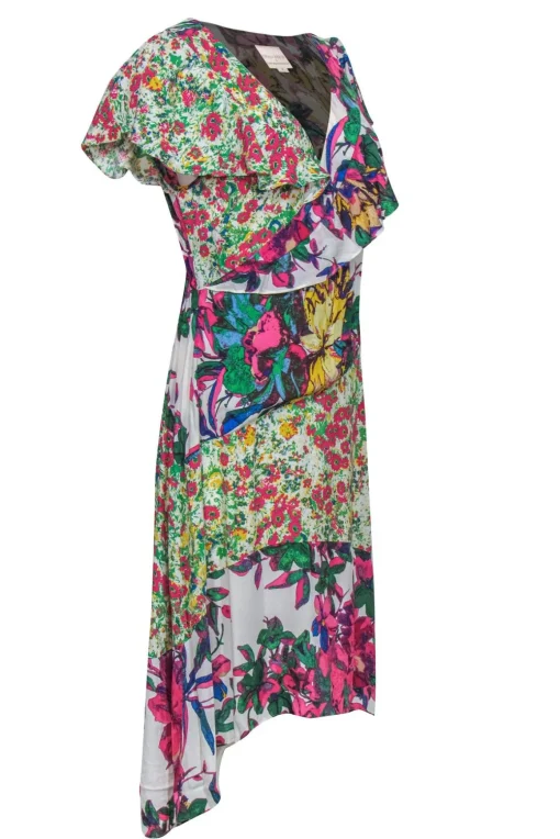 Tracy Reese - Mixed Floral Multicolor Faux Wrap Dress w/ Ruffles Sz M