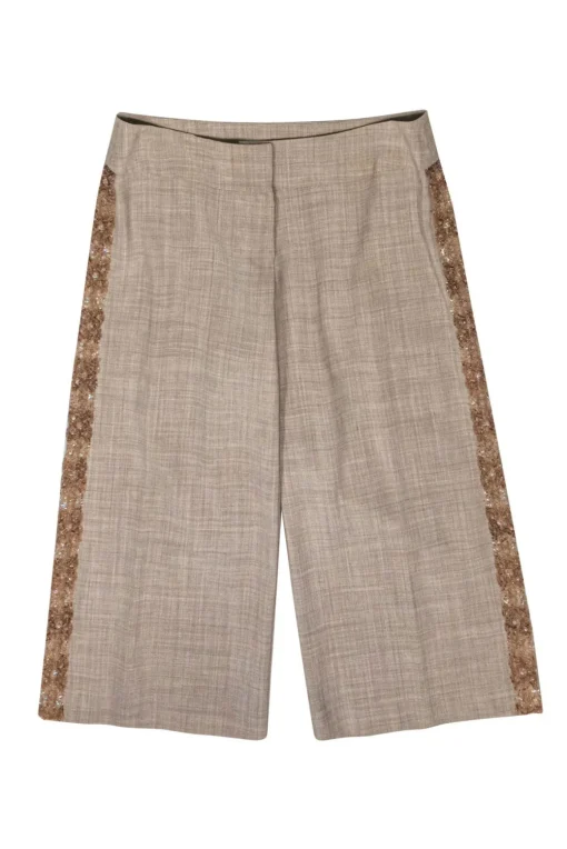 Trina Turk - Beige Wide Leg Cropped Pants w/ Beaded Trim Sz 2