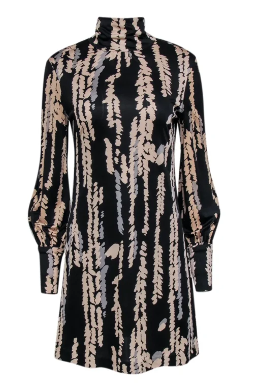 Trina Turk - Black, Beige, & Grey Silk Printed Mock Neck Dress Sz 6
