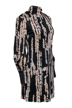 Trina Turk - Black, Beige, & Grey Silk Printed Mock Neck Dress Sz 6